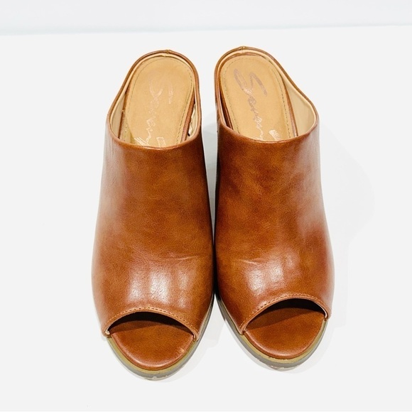 Seven 7 Cognac Brown Mexx Mules Heeled Open Toe Shoes - Picture 3 of 8